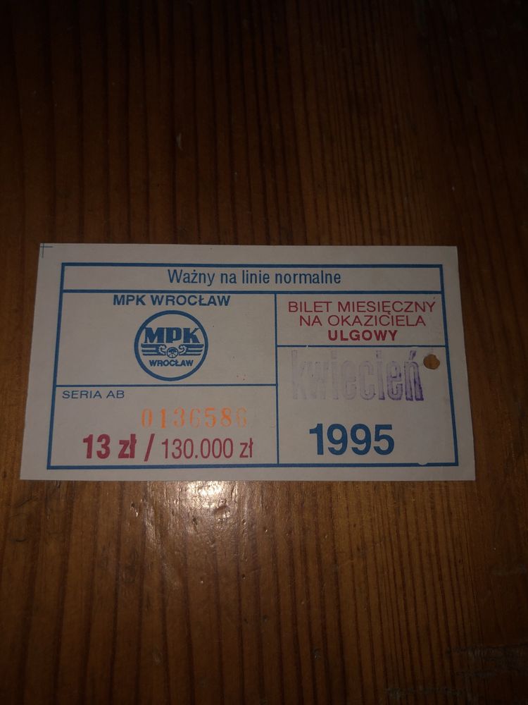 Bilet miesięczny na okaziciela MPK Wrocław1995