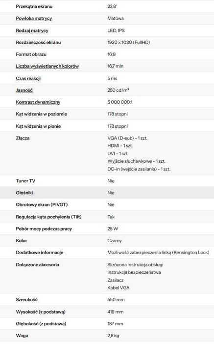 Monitor 24 cale IPS LG 24MP58VQ-P czarny 1920 x 1080 FullHD DVI HDMI