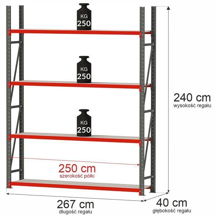 Regał magazynowy 4-półkowy Mega-M FORTIS 240x267x40 cm moduł bazowy