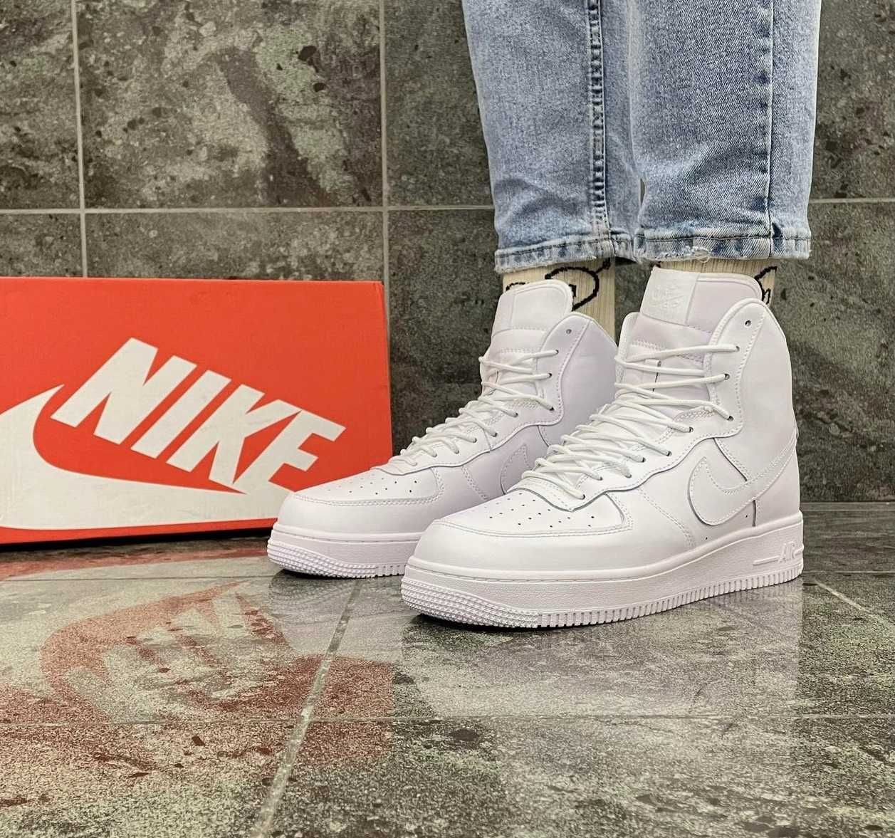 Кроссовки Мужские Найк Air Force белые высокие Nike натуральная кожа