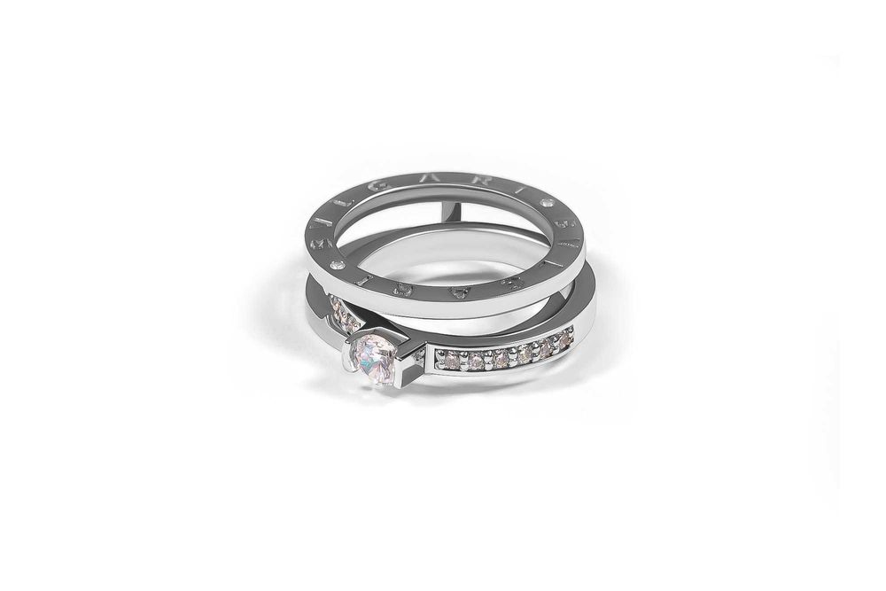 Двойное кольцо из белого золота с фианитами