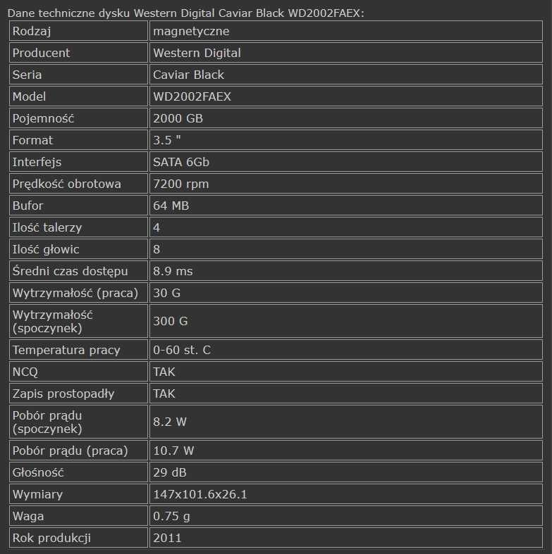 Dysk Twardy WD Caviar Black WD2002FAEX 2TB SATA-3 (217)