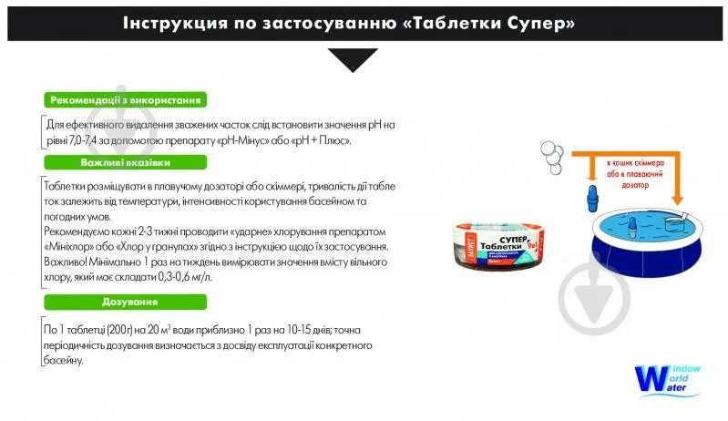 Таблетки для дезінфекції води Супер 9 в 1 Хлор тривалої дії 200 гр