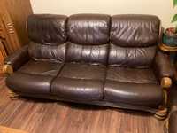 skórzany zestaw mebli 3+2+1 sofa fotel dębowe dodatki