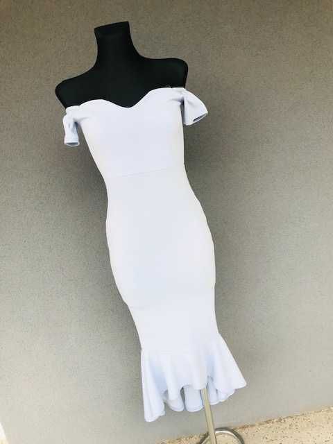 Sukienka asymetryczna midi z falbaną dopasowana rybka syrenka błękitna