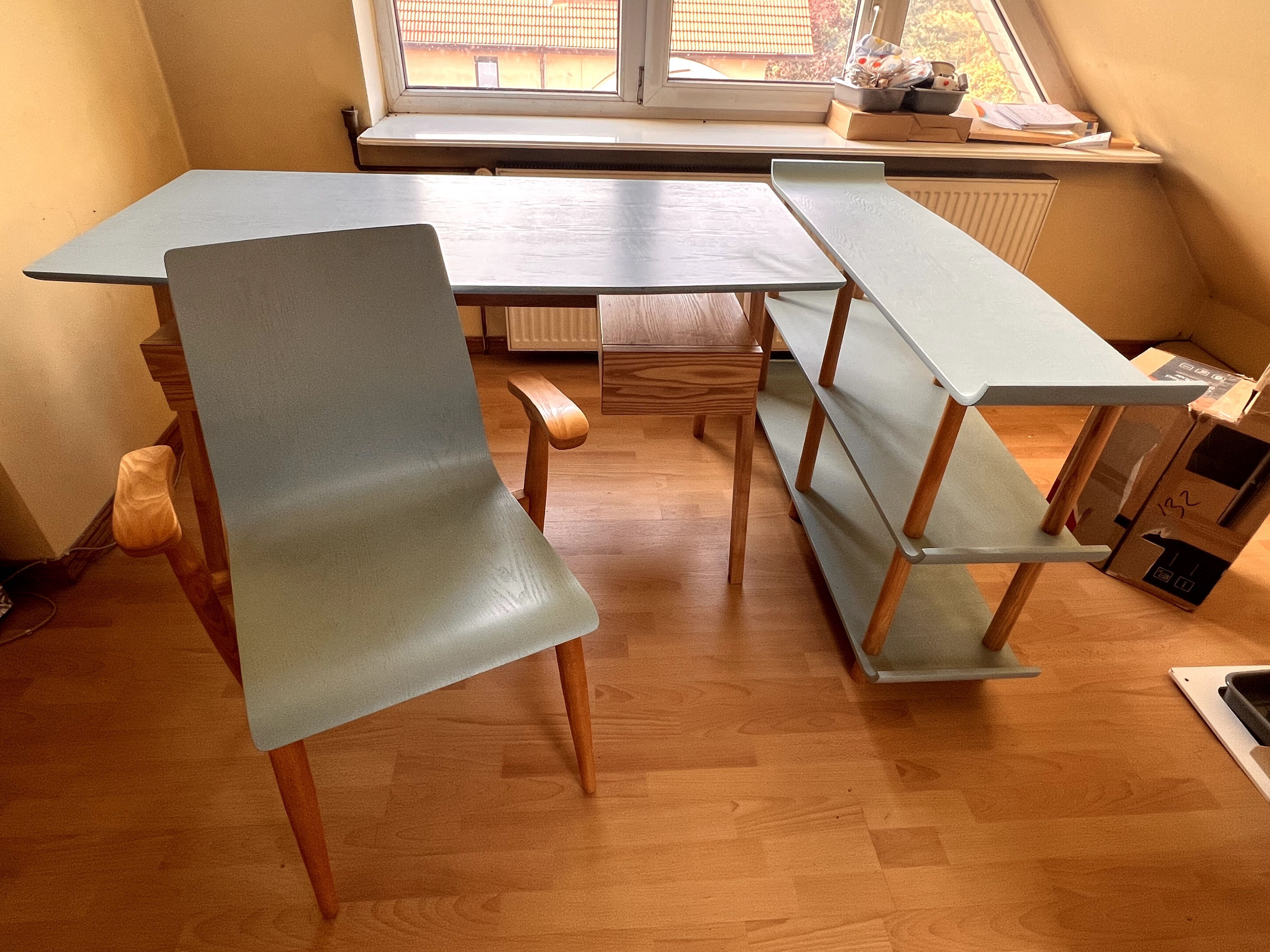 Biurko + regał + krzesło Retro Drewniane kolor jasnoniebieski