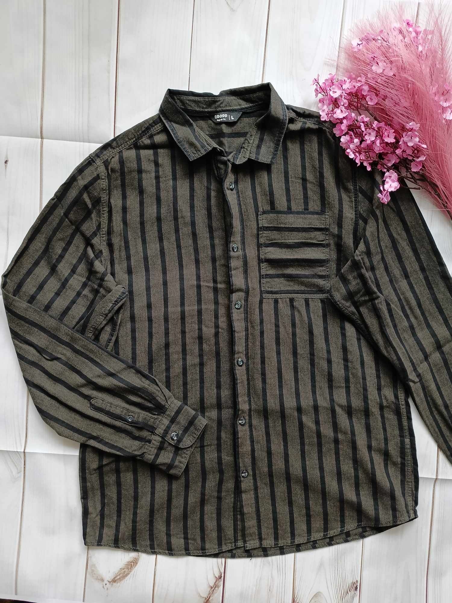 Męska koszula khaki w paski r. L/40 regular fit bawełna