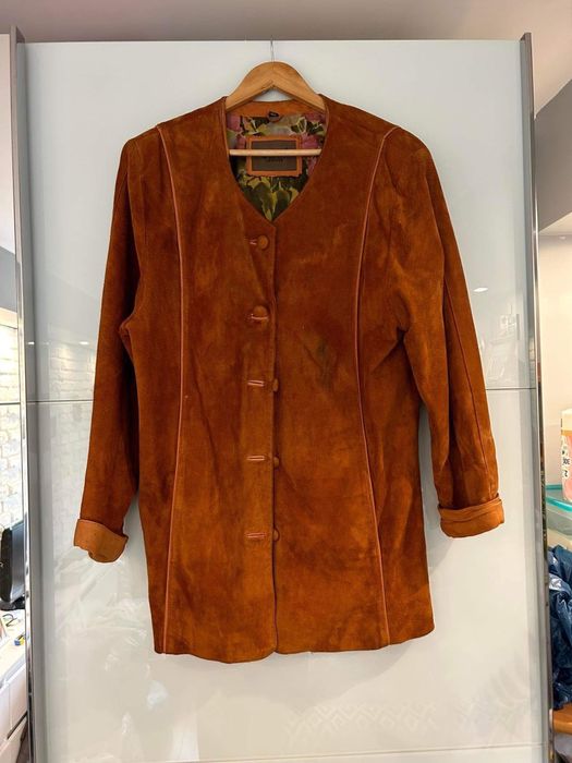 Musztardowa brązowa damska skorzana kurtka płaszcz zamszowa Saki 42 XL
