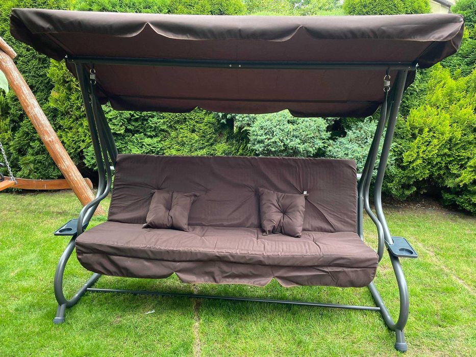 NOWA Duża Huśtawka Ogrodowa Rozkładana 2w1 4 os 300 kg Daszek Leżak