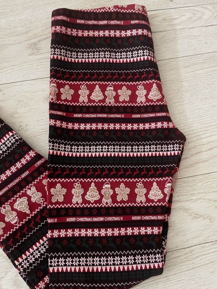 Grubsze czerwone legginsy na gumce świąteczne wzory 158 cm xs