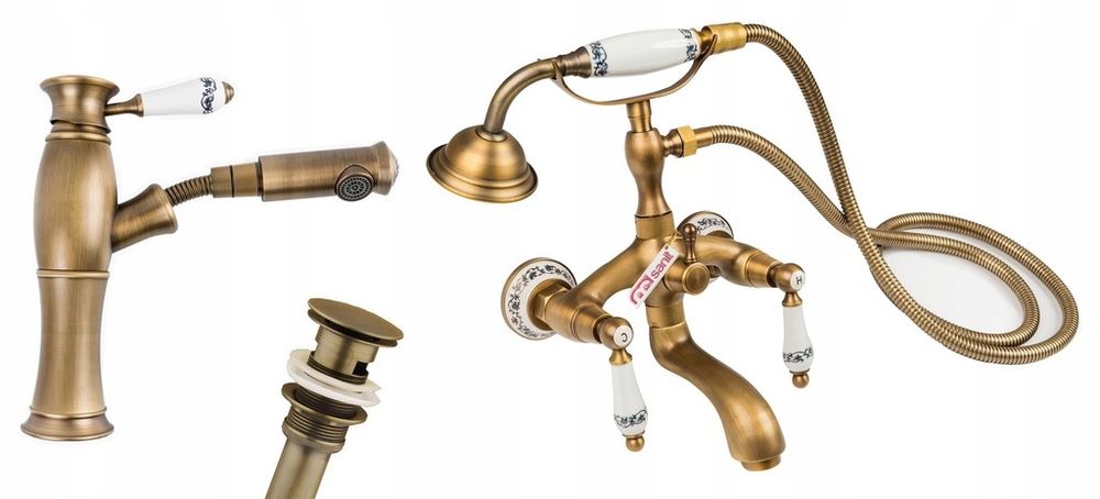 RETRO bateria umywalkowa wannowa korek stare złoto