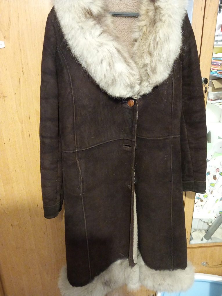 Kożuch futro płaszcz z barana z lisem 42 44