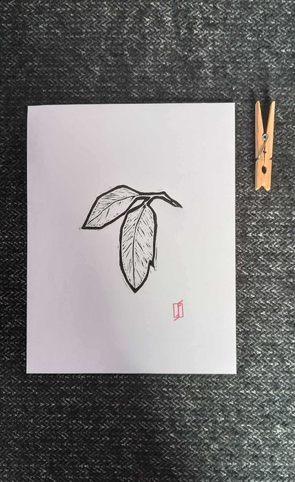 Linoryt, grafika warsztatowa – Liść czereśni