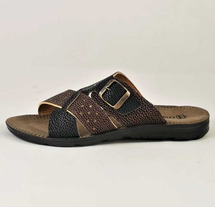 Мужские Тапочки Шлёпанцы Сланцы Чёрные с Коричневым Кожаные