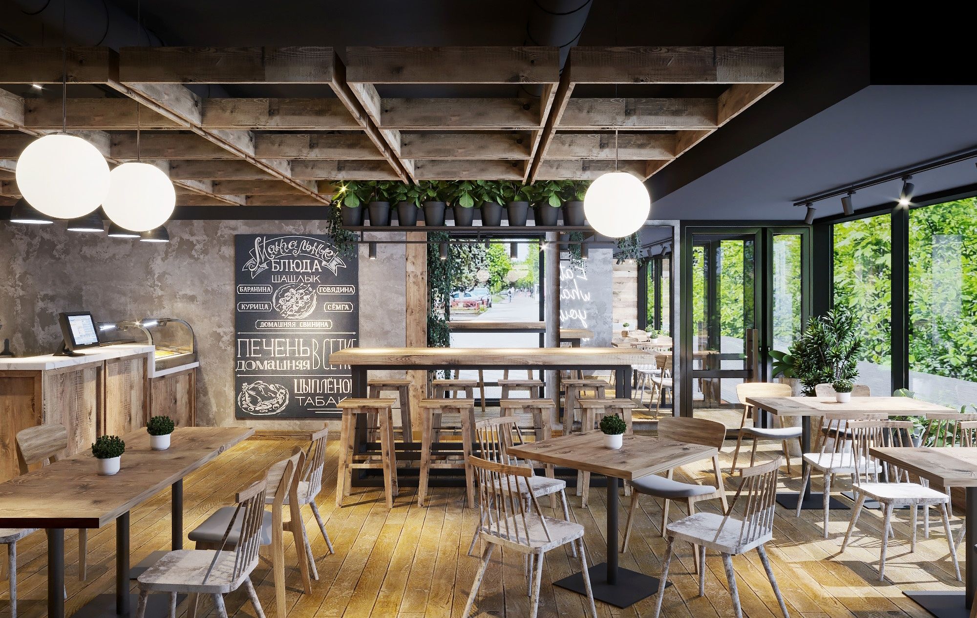 Потолочні декоративні дерев'яні (ясен) панелі 950×950×150.В ресторан.
