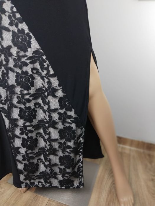 Długa sukienka wieczorowa maxi koronkowa cyrkonie asymetryczna lejąca