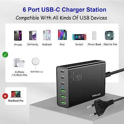 Szybka ładowarka USB, 【3USB-C + 3USB-A】 Ładowarka PD 96 W