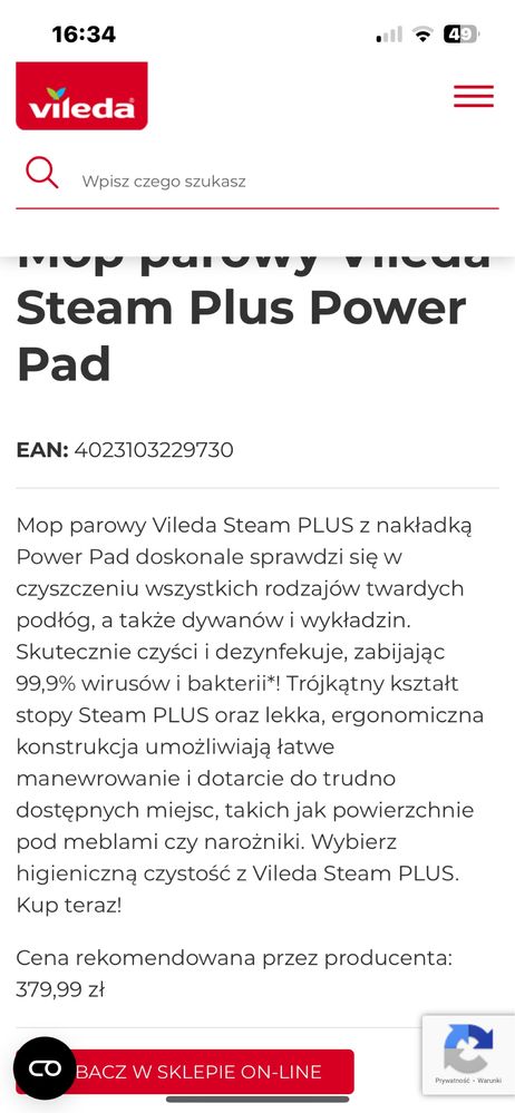 Vileda steam plus mop parowy