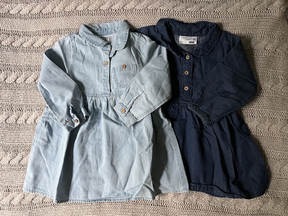Zestaw 2-pak Sukienki bawełniany jeans kołnierzyk falbanka 86