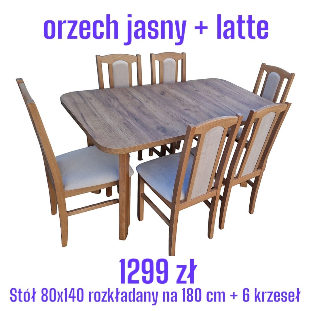 Nowe: Stół 80x140/180 + 6 krzeseł , orzech + kawa z mlekiem, dostawaPL