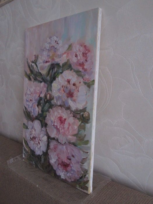 Картина в подарок роскошные розовые пионы, холст, масло