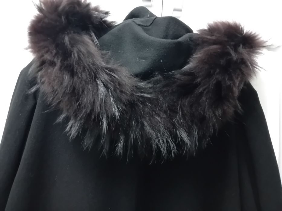 Czarny płaszcz z futrem naturalnym wełna z kaszmirem XXL