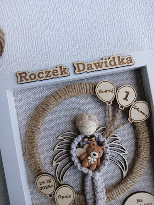 Pamiątka na pierwsze urodziny upominek na roczek makrama ramka 3D