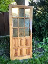 Drzwi drewniane naturalne sosnowe z szyba vintage stare