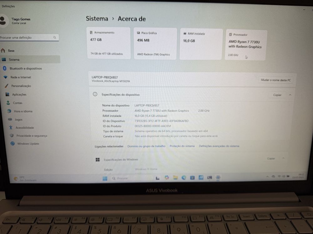 Portatil Asus AMD Ryzen 7 7730U , 16GB Ram , 512GB