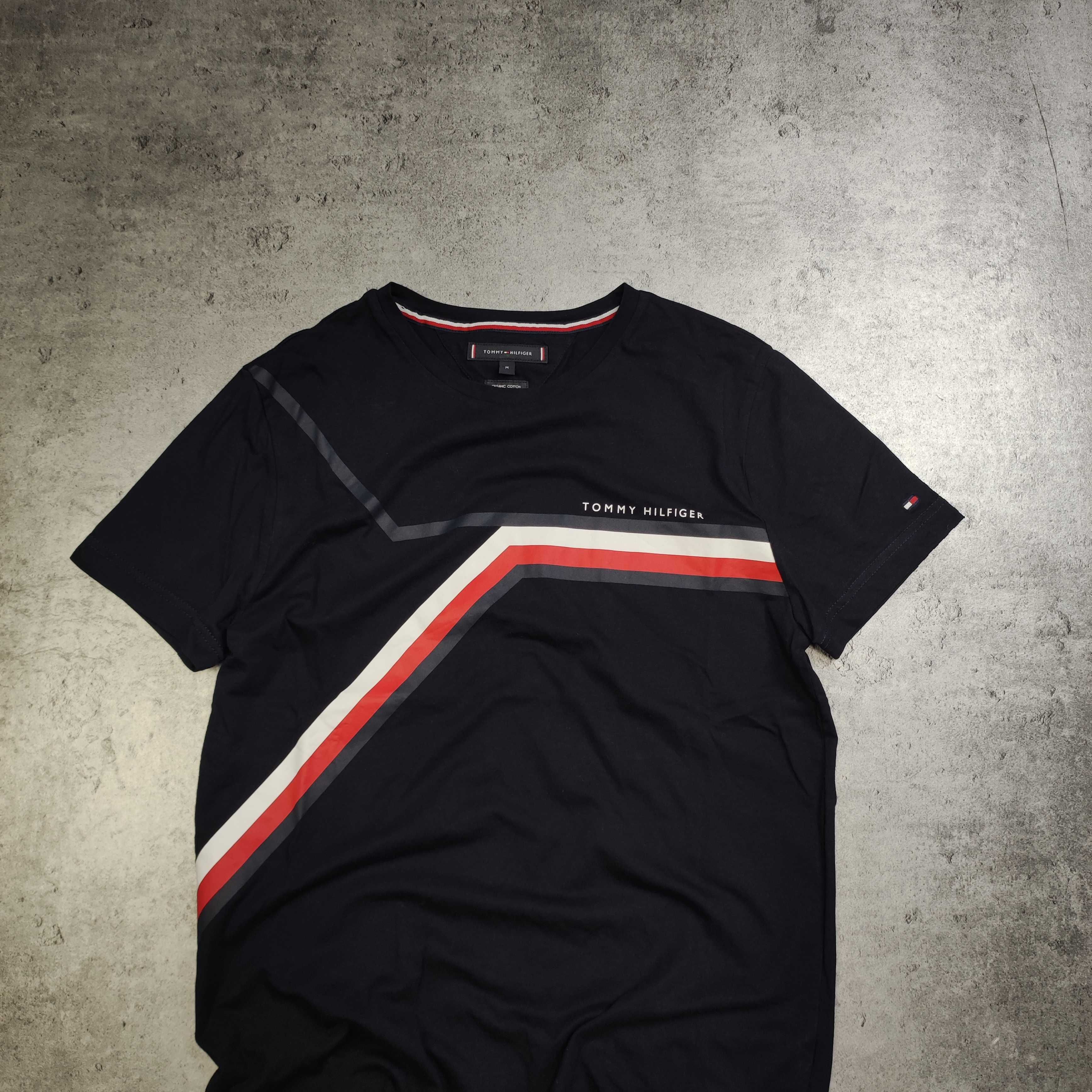 MĘSKA Koszulka Elegancka Granatowa Duże Logo Paski Tommy Hilfiger Haft
