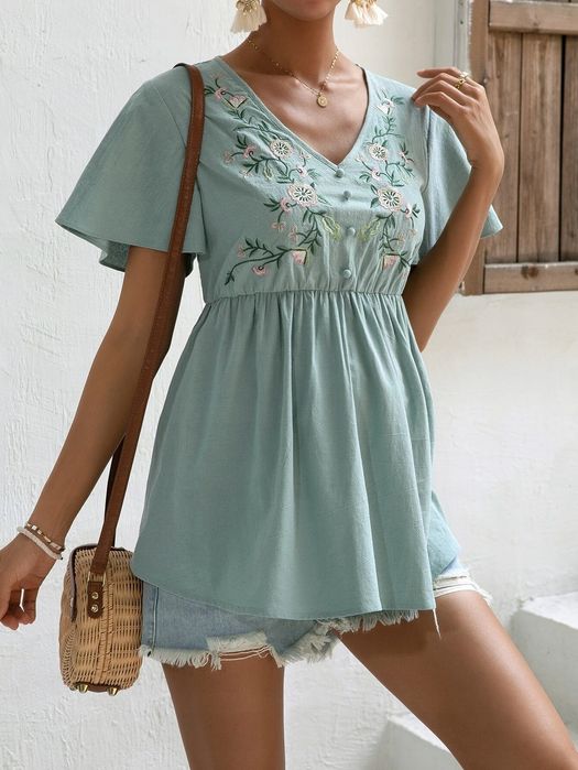 Bluzka Ciążowa Z Haftami W Kwiaty Boho Z Baskinką Casual Shein Xxl 44