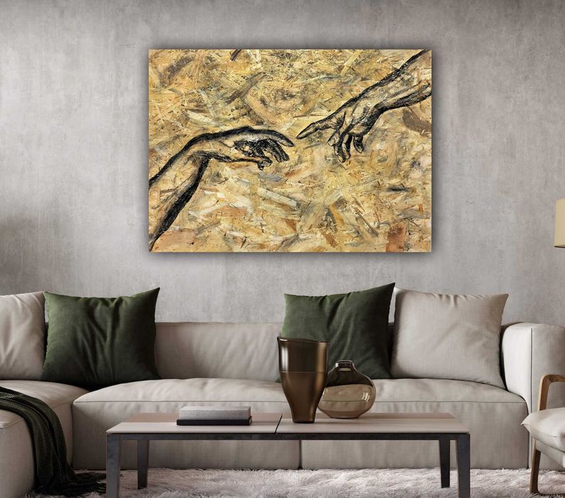 "Stworzenie" Duży obraz malowany węglem na płycie OSB