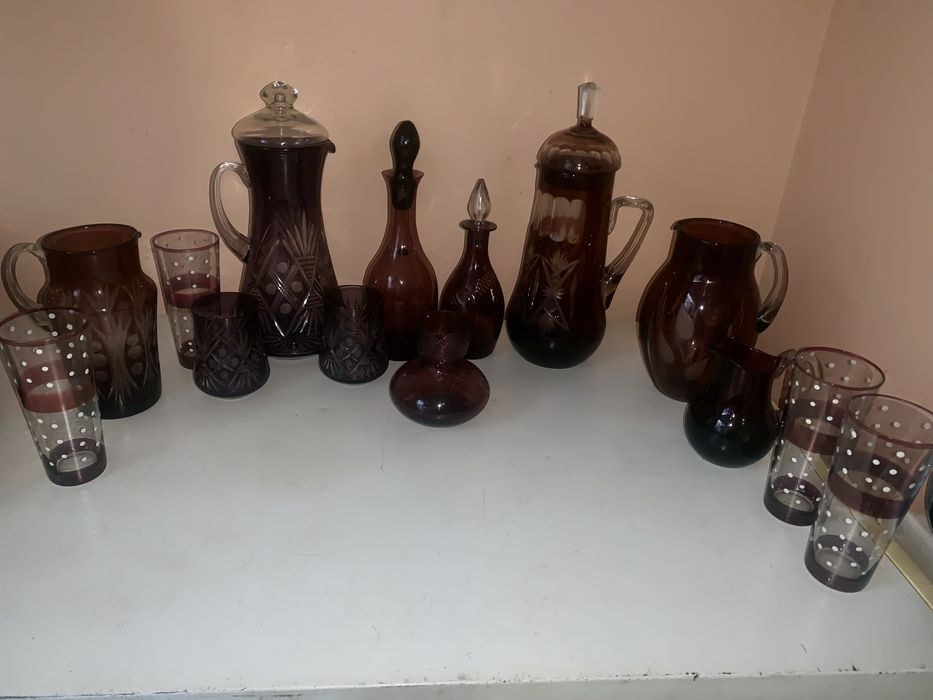 Кувшин графин стаканы ваза  цветное стекло хрусталь марганец