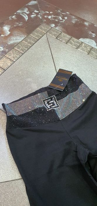 Śliczne czarne legginsy zdobione szeroki cyrkoniowy pas wysoki stan  S
