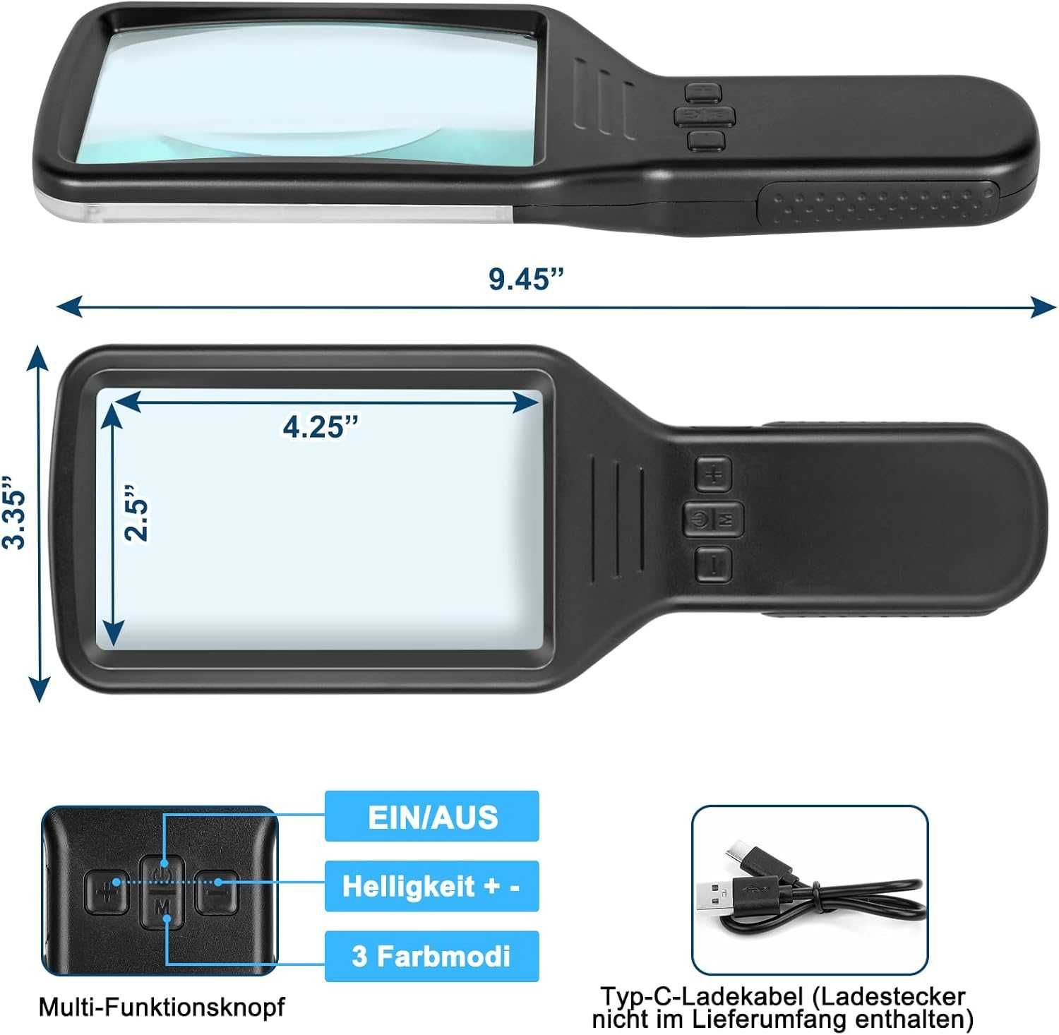 х 5 Увеличительное СТЕКЛО подсветка ручная лупа зарядка USB 3 режима