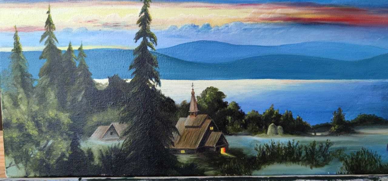 Картина "Захід сонця в селі" 30*40 масло,холст на підрамнику