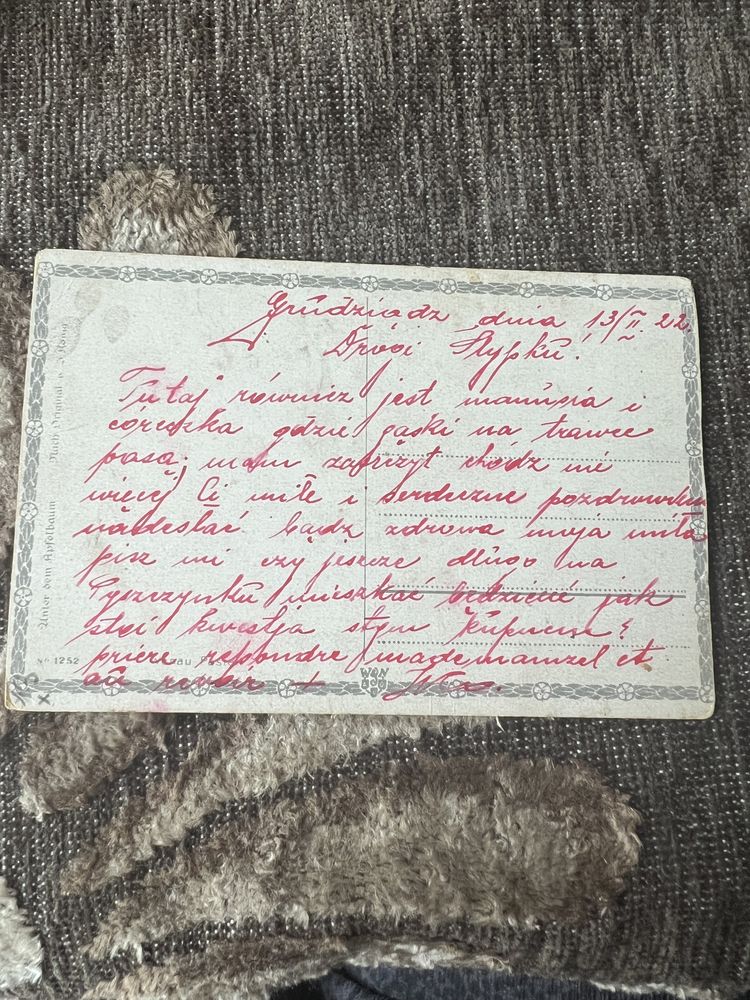 Stara mosiężna ramka ze zdjęciem widokówką z 1922 r i odręcznym pismem