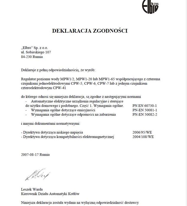 Obniżka ceny! Regulator poziomu Elbro MPW1 -20 kocioł parowy wodny UDT