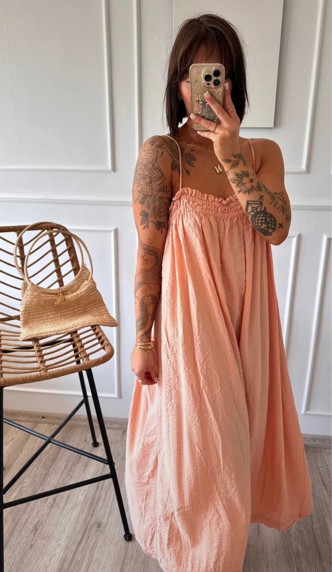 Bawełniana długa maxi luźna sukienka w stylu Boho muslinowa L