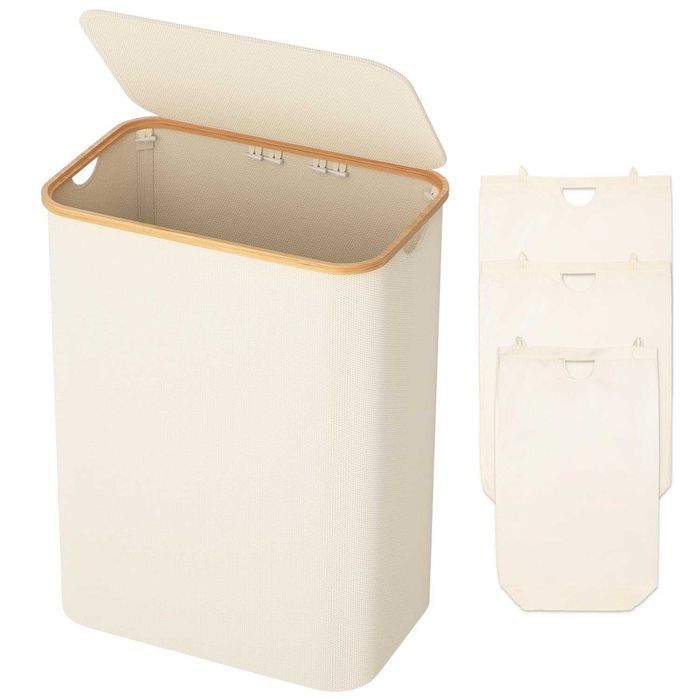 Kosz na pranie duży z pokrywą przegródki beżowy bambus tkanina