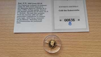 Złota moneta 20 marek 1874 Adolf Georg- złoto 585 certyfikat - kopia