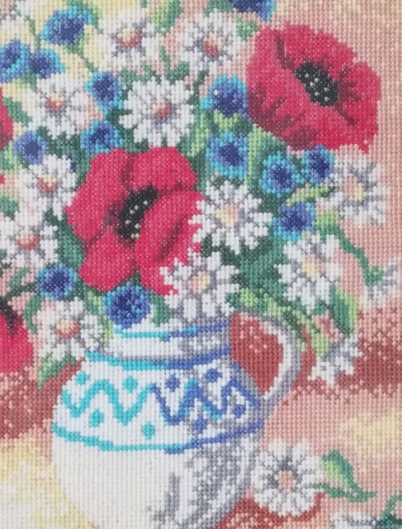 Obraz Kwiaty polne w wazonie ręcznie haftowany ściegiem krzyżykowym