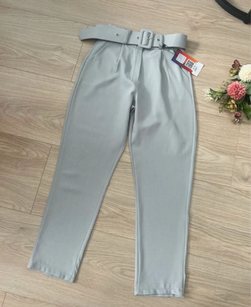 Spodnie garniturowe do marynarki garnituru z paskiem szare 34 xs