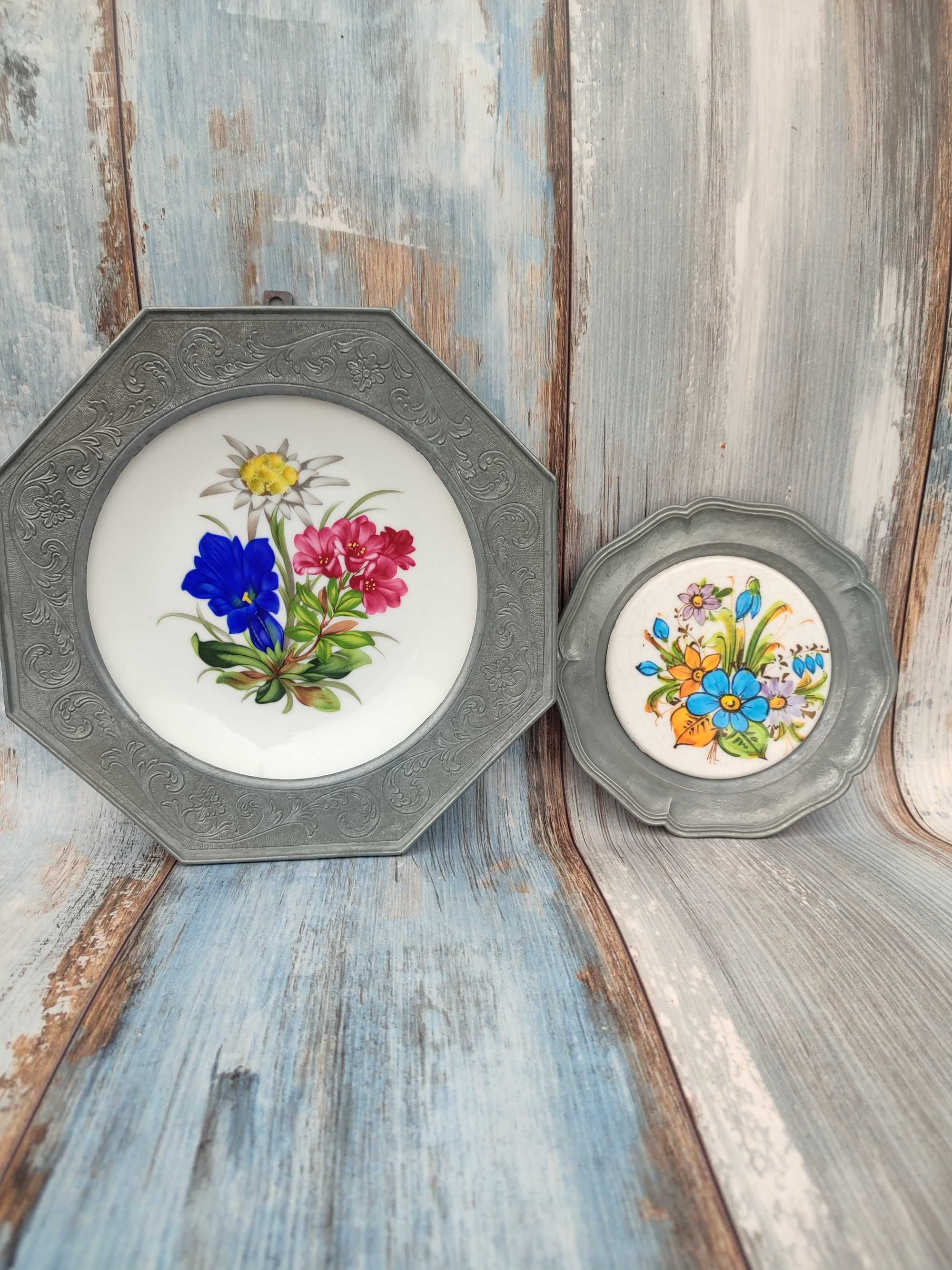 Talerz dekoracyjny porcelana + cyna -Vintage motyw kwiatowy