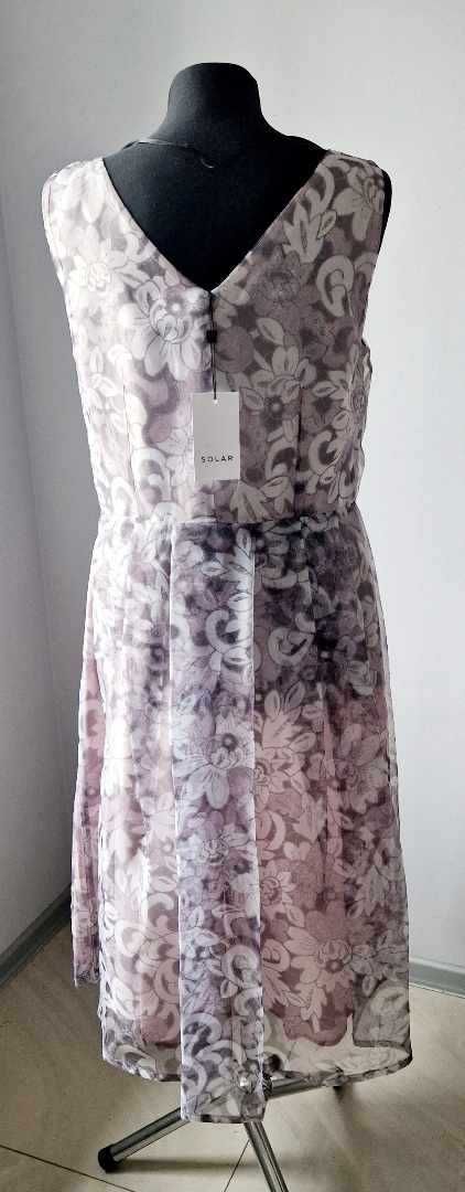 Suknia Solar 42 XL kwiaty odcienie szarości pastelowe nude