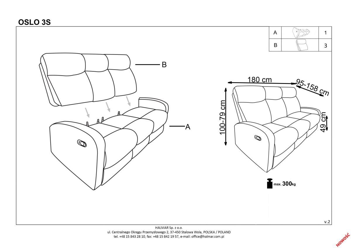 Sofa Rozkładana Oslo 3S,  gwarancja