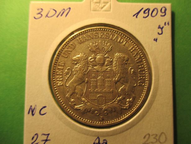 Srebrna moneta 3 Marki z 1909 r. ,,J,,. Oryginał !!!