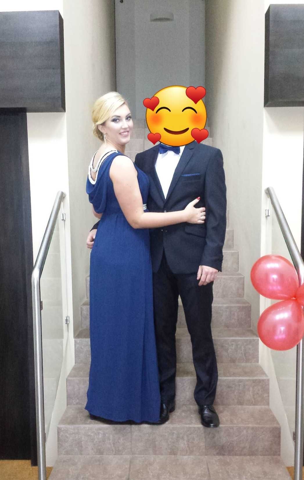 Długa elegancka sukienka na studniówkę wesele granatowa wieczorowa