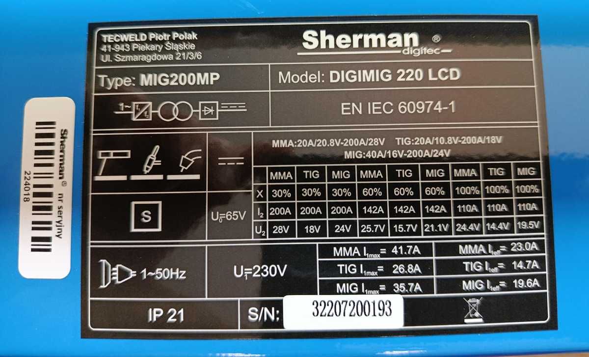 Spawarka synergiczna DIGIMIG 220 LCD 3w1 MIG/MAG, MMA, TIG Lift nowa