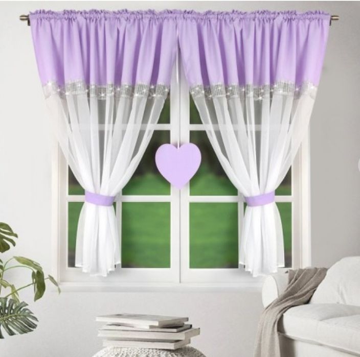 Firana firanka woal cyrkonie liliowa fioletowa serce na taśmie 145x400